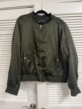 Ambiance Olive Green Satin Bomber Jacket - 2XL
